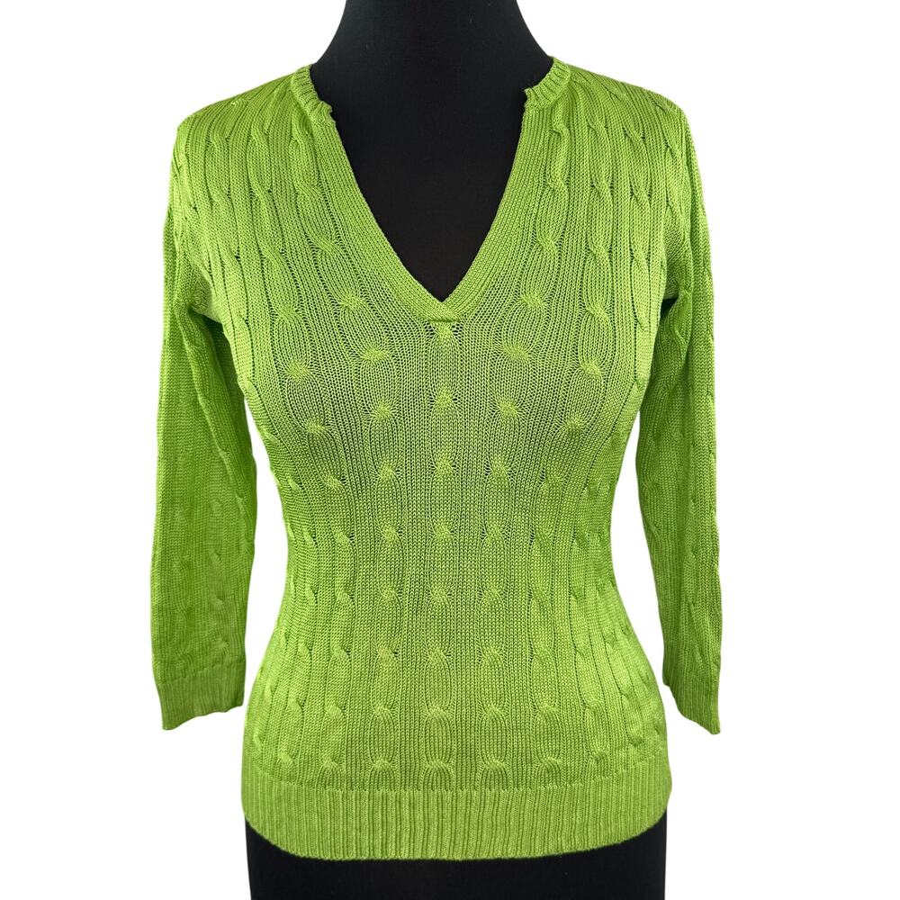 RALPH LAUREN Black Label Vibrant Green Sweater Silk Cable Knit Split X-Small XS